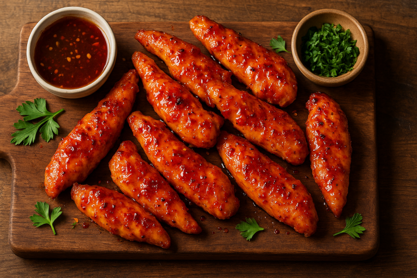 Crispy sweet-spicy chicken tenders on wooden board with glaze.
