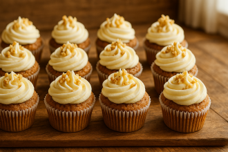 Carrot cake cupcakes with cream cheese frosting and walnut sprinkles on wooden table