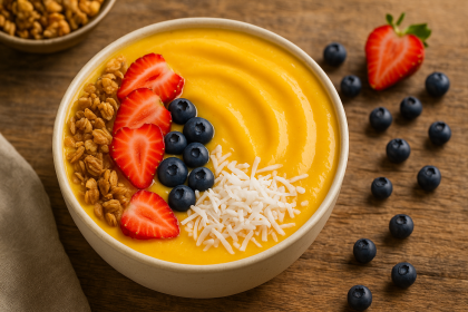 Bright mango smoothie bowl topped with strawberries, blueberries, and coconut on a rustic wooden table.