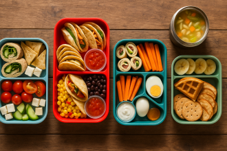 Five colorful bento lunch boxes with Mediterranean wraps, mini tacos, turkey-cheese pinwheels, waffles with fruit, and chicken noodle soup on a rustic wooden table, overhead view.
