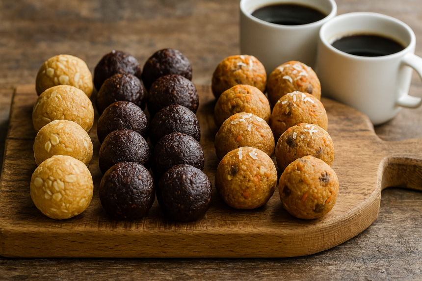 Family-style snack board of assorted protein balls with mugs of coffee.