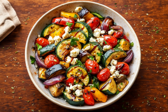 Roasted vegetable salad with feta and balsamic dressing on rustic table