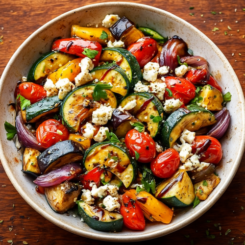 Roasted vegetable salad with feta and balsamic dressing on rustic table