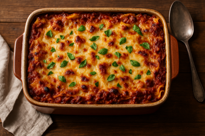 Classic lasagna with ricotta and meat sauce fresh from oven.