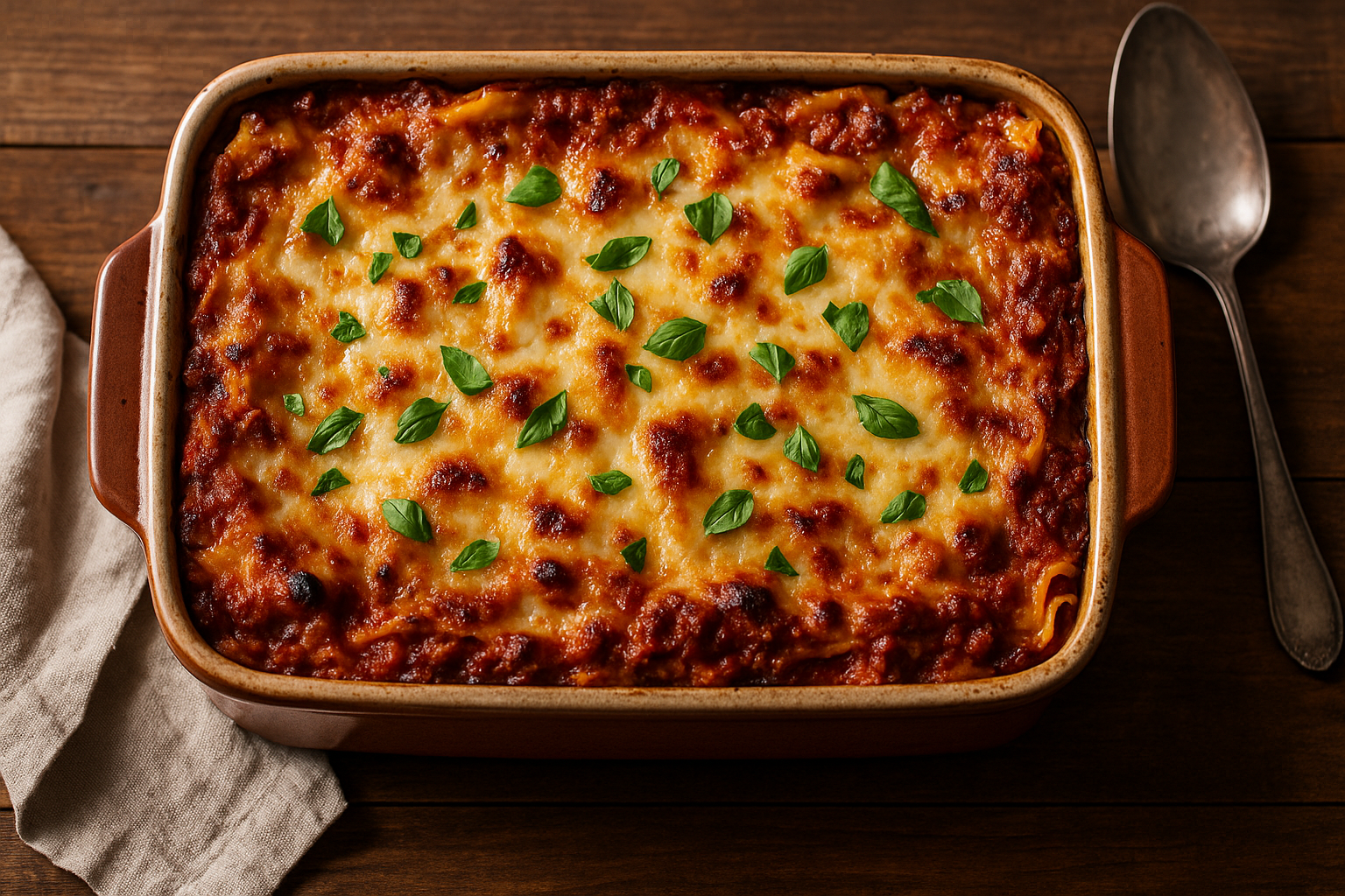 Classic lasagna with ricotta and meat sauce fresh from oven.