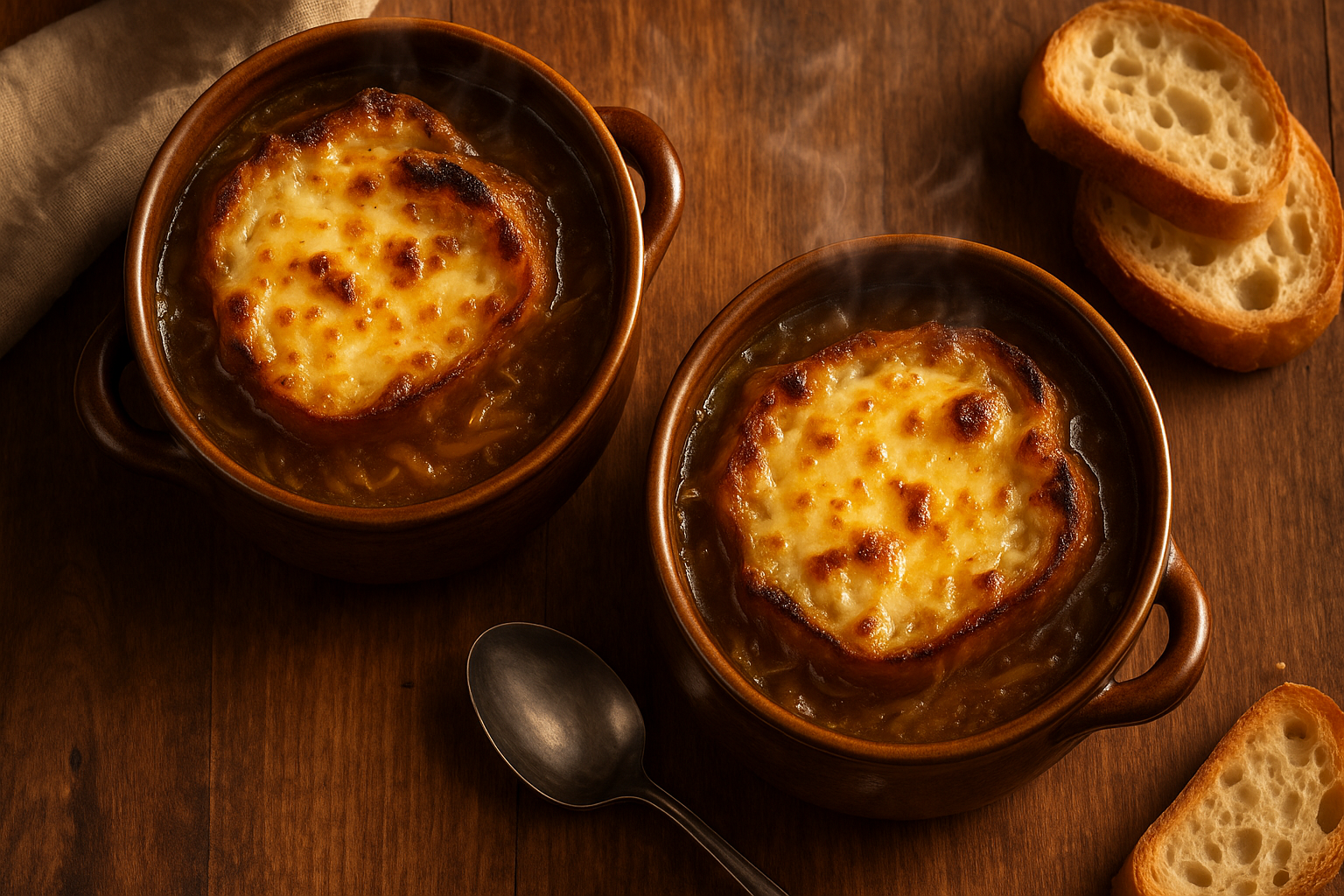 French onion soup with melted cheese and toasted bread on rustic table.