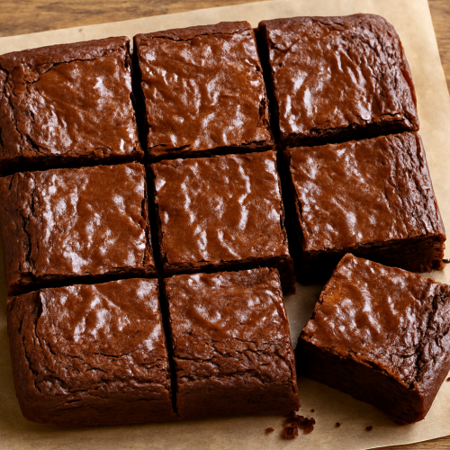 Fudgy brownies on rustic table