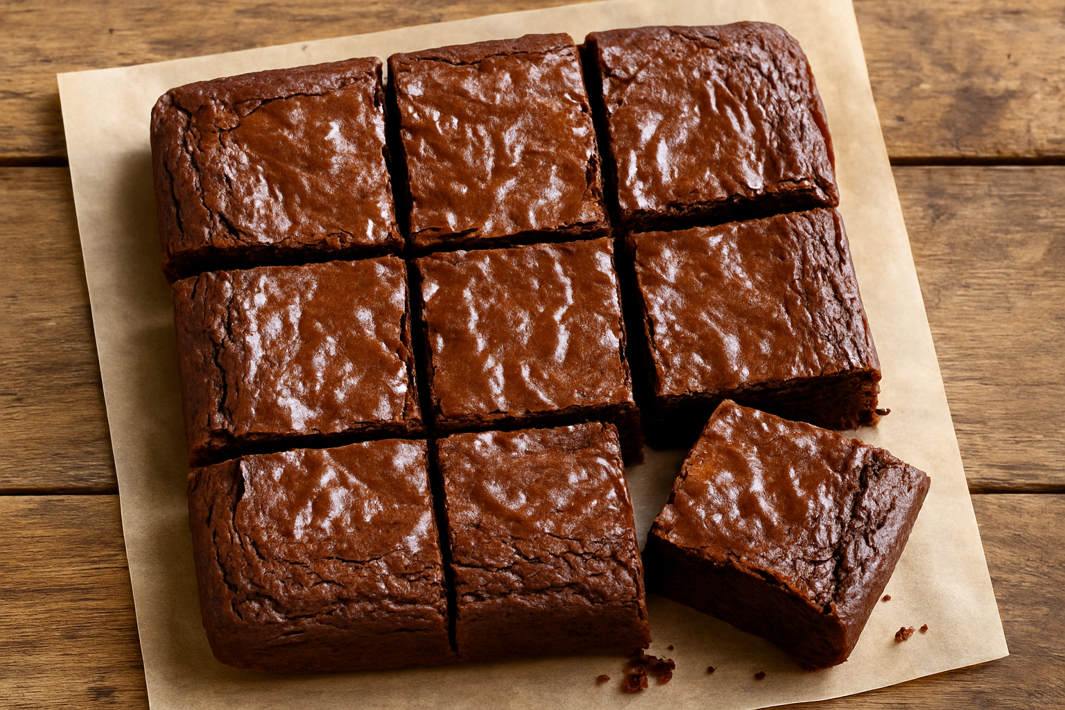 Fudgy brownies on rustic table