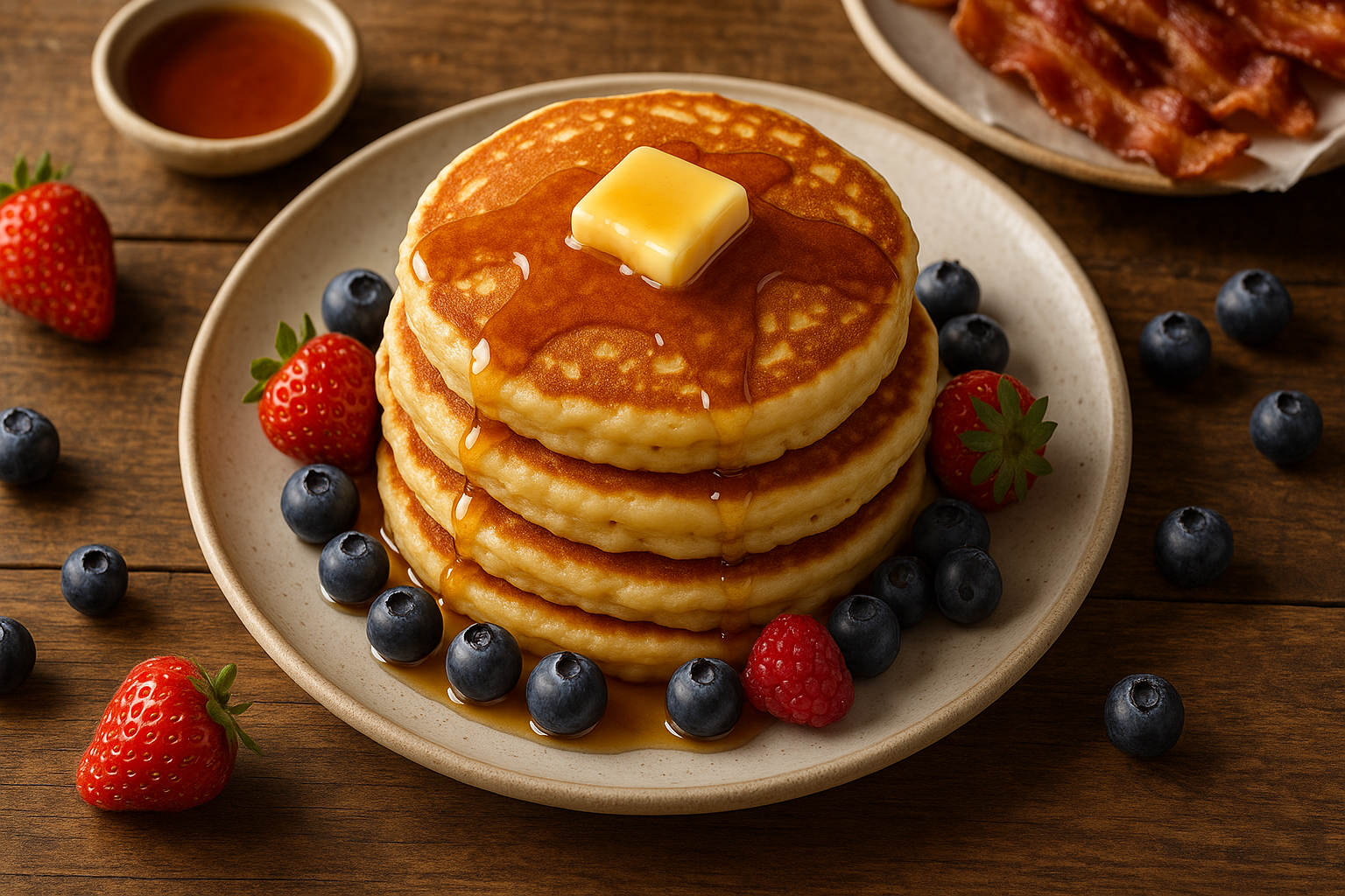 Overhead shot of fluffy pancakes with maple syrup and berries