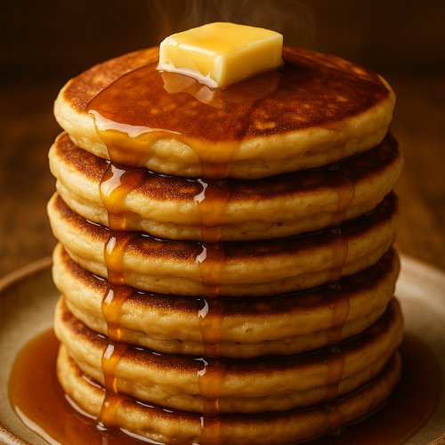 Close-up of pancakes with syrup drizzle