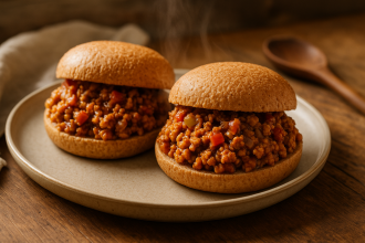 Overhead of healthy ground turkey sloppy joes on toasted buns with sauce dripping.