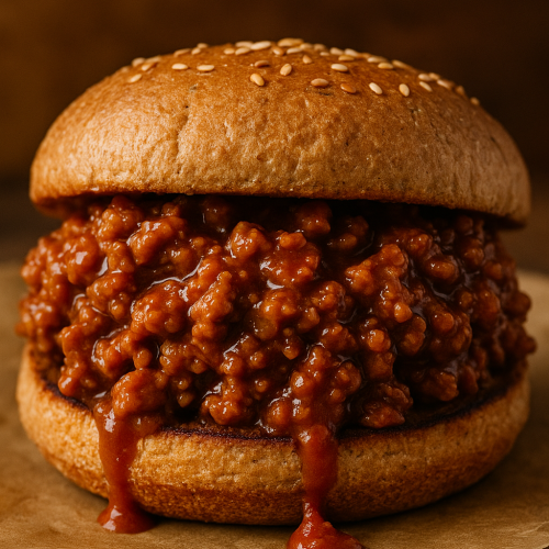 Close-up of sloppy joes with rich tomato sauce on toasted buns.