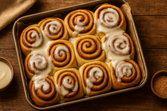 Homemade cinnamon rolls with icing dripping on wooden table