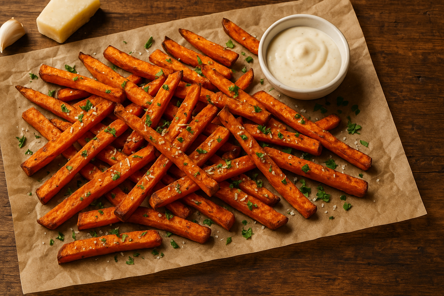 crispy garlic parmesan sweet potato fries on rustic table