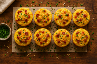 Rustic table with warm, golden egg bites and melted cheese