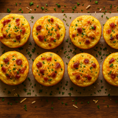 Rustic table with warm, golden egg bites and melted cheese
