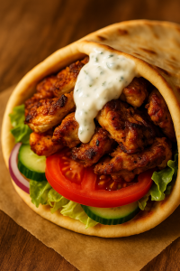 Close-up of easy chicken gyros with tzatziki sauce