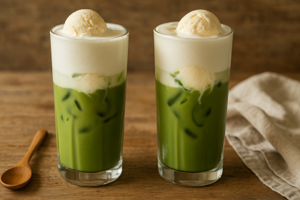 Creamy iced matcha vanilla float with cold foam and ice cream.