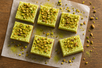 Creamy pistachio cheesecake bars with crunchy nut topping on a rustic wooden table.