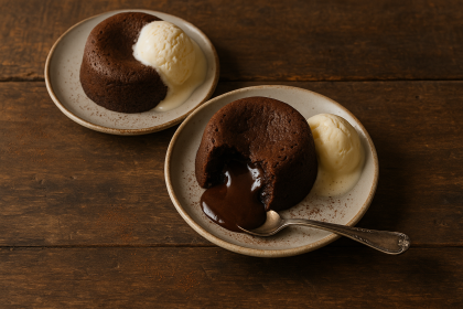 molten chocolate lava cake with ice cream on rustic plate