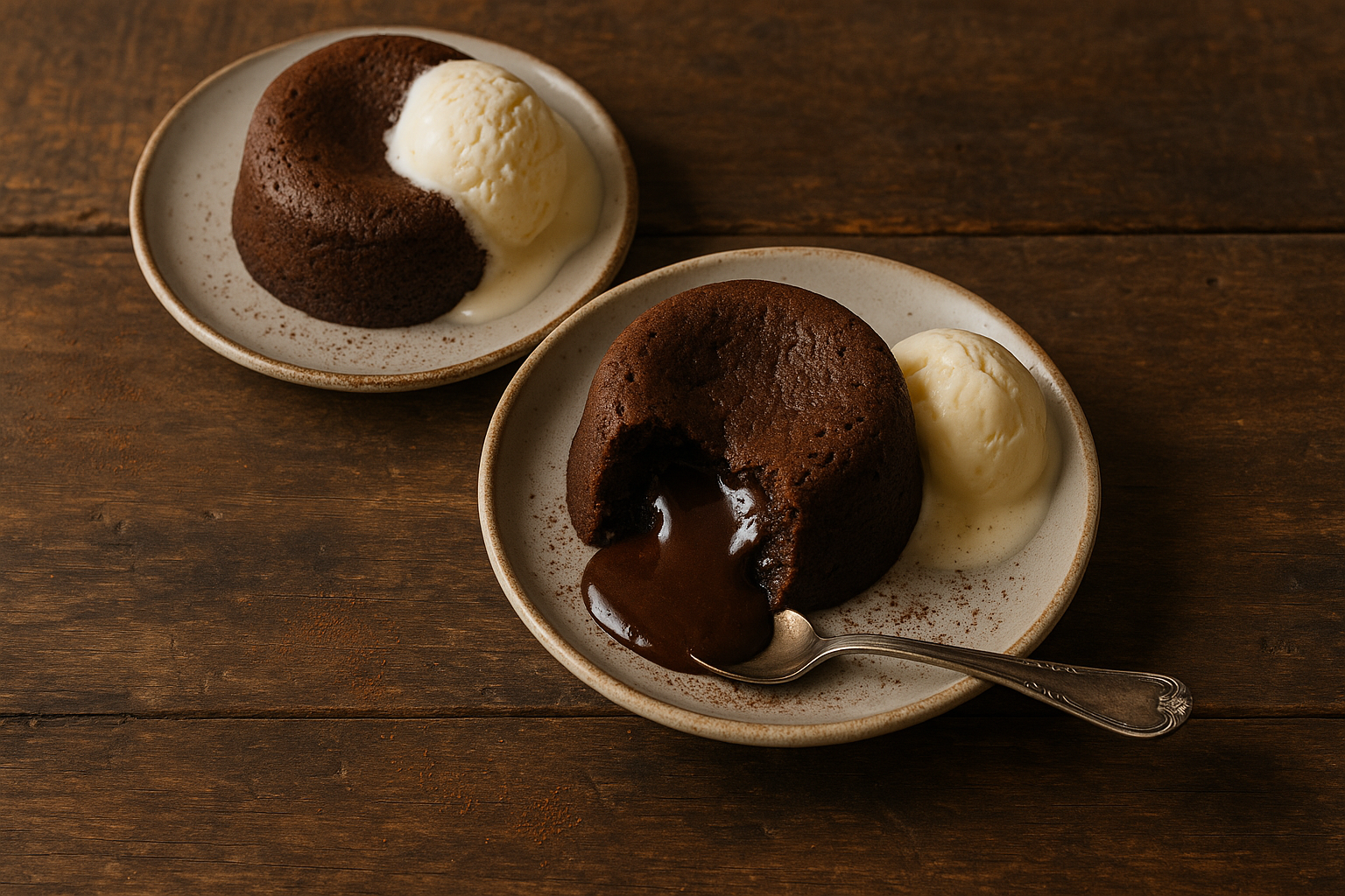 molten chocolate lava cake with ice cream on rustic plate