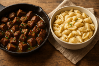 Garlic butter steak bites with creamy Parmesan pasta shells.