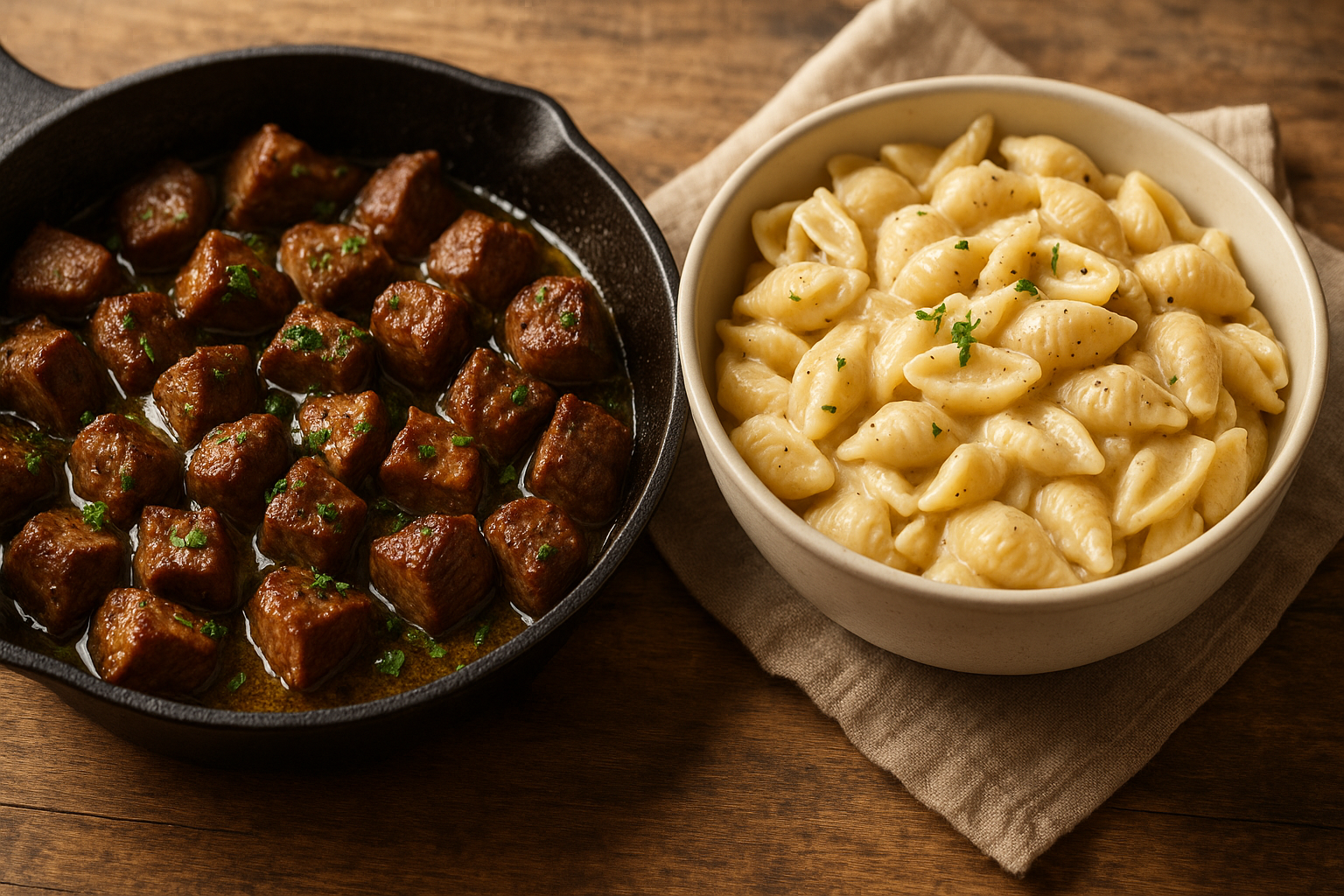 Garlic butter steak bites with creamy Parmesan pasta shells.