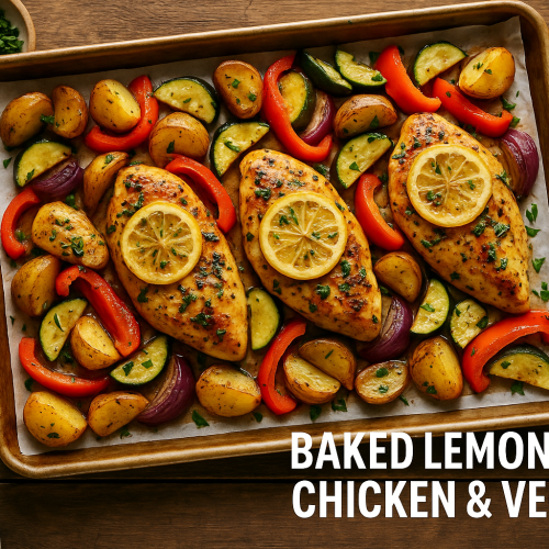 Oven roasted lemon herb chicken and colorful roasted veggies on a sheet pan