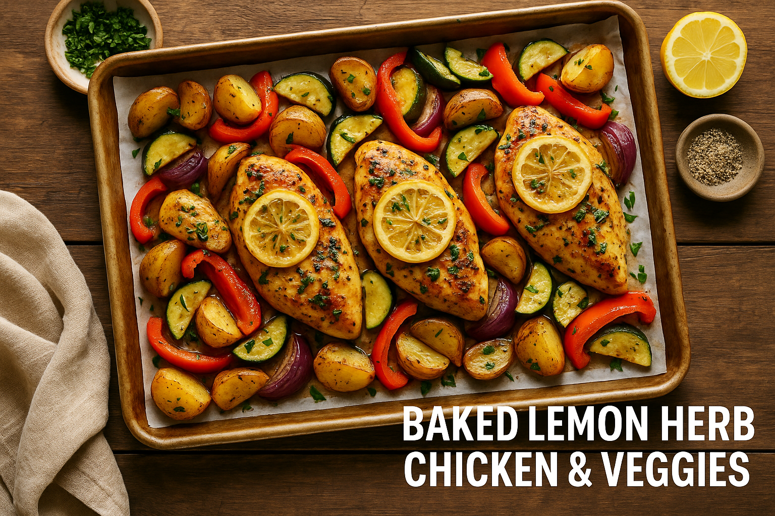 Oven roasted lemon herb chicken and colorful roasted veggies on a sheet pan