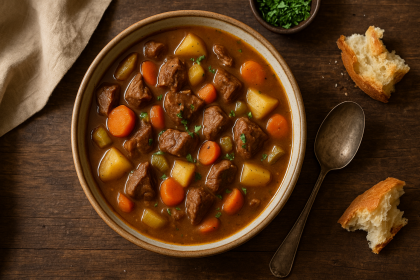 hearty slow cooker beef stew in rustic bowl