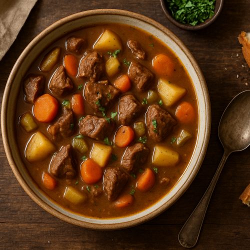 hearty slow cooker beef stew in rustic bowl