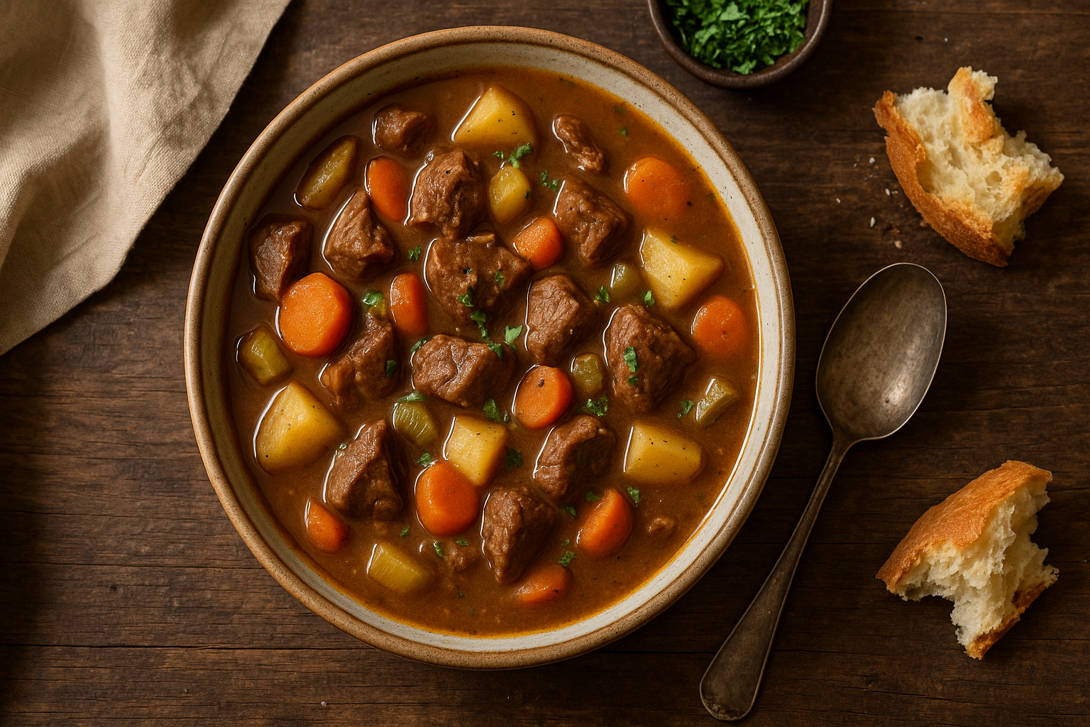 hearty slow cooker beef stew in rustic bowl