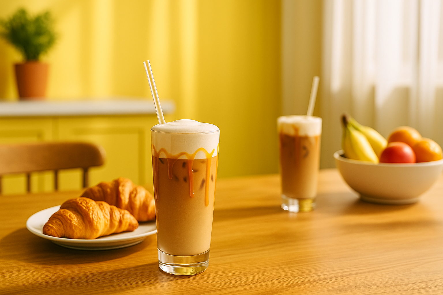 Family breakfast table with iced caramel macchiatos in yellow kitchen