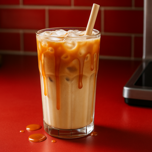 Iced caramel macchiato on red kitchen counter with caramel drizzle