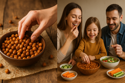 Crispy gluten free roasted chickpeas with paprika served in a rustic bowl.
