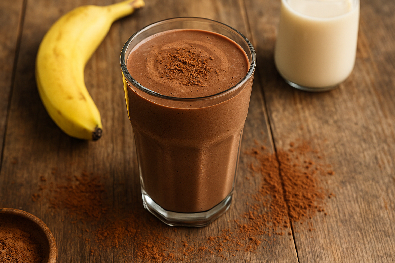 Vegan chocolate protein smoothie on rustic table with cocoa and almond milk.