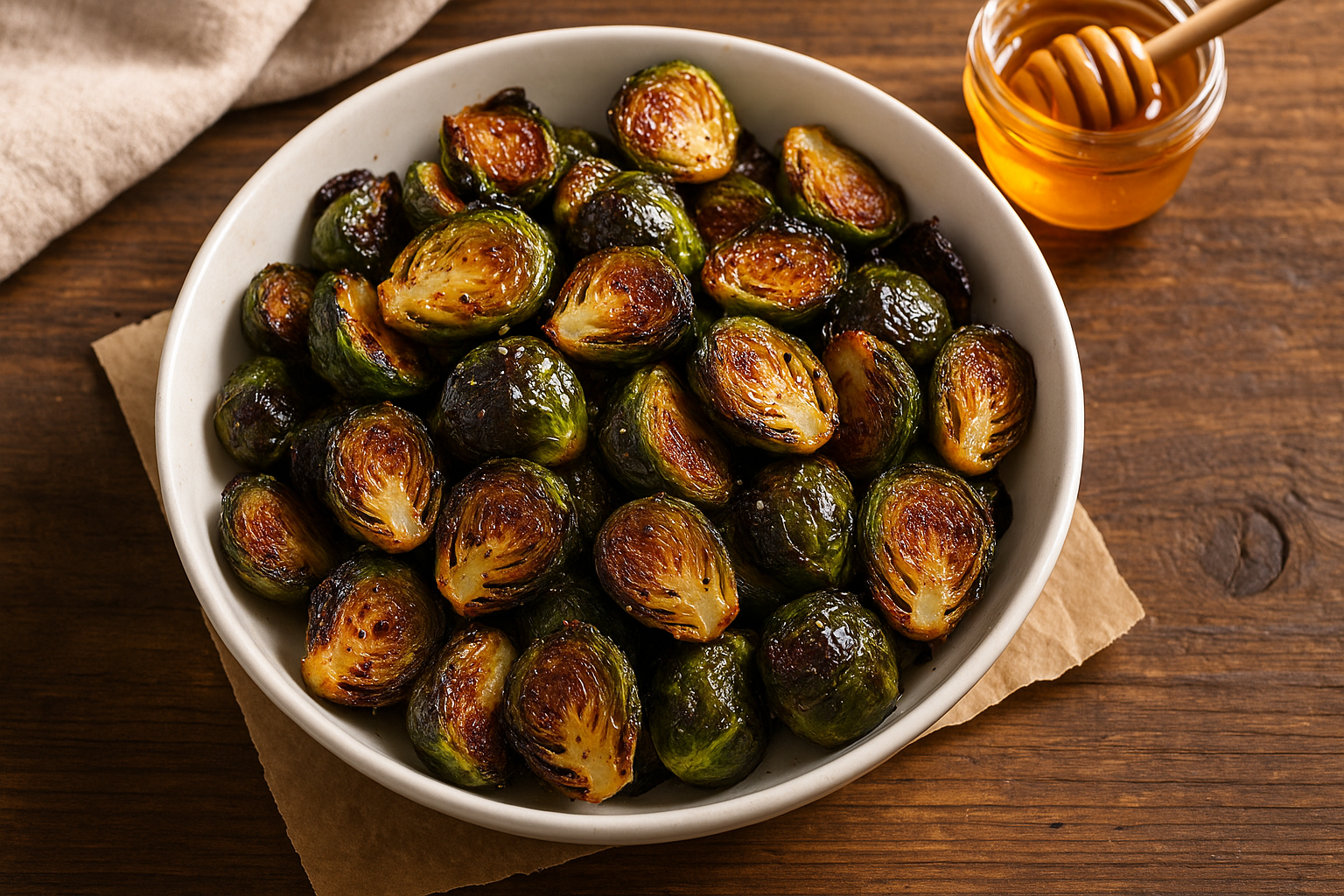Crispy air fryer Brussels sprouts with honey balsamic glaze on rustic table.