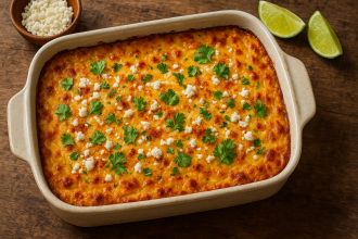 Creamy Mexican street corn casserole with Jiffy baked in dish.