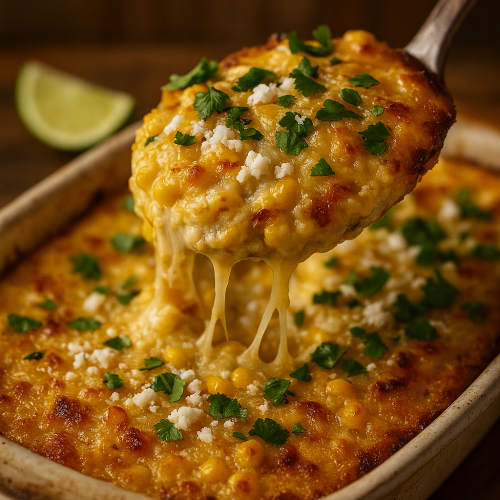 Slice of creamy Mexican street corn casserole.