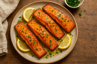 Overhead shot of air fryer salmon fillets glazed with garlic butter, lemon and herbs