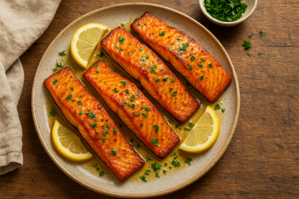 Overhead shot of air fryer salmon fillets glazed with garlic butter, lemon and herbs