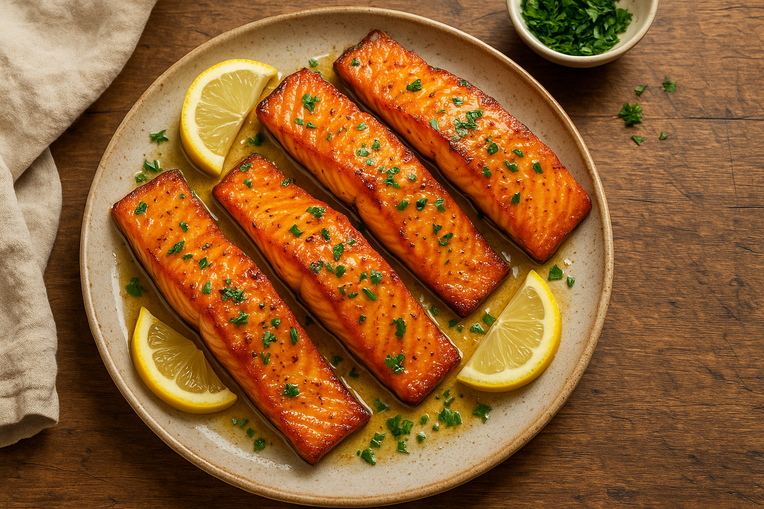 Overhead shot of air fryer salmon fillets glazed with garlic butter, lemon and herbs