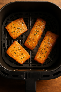 Overhead photo of salmon fillets cooking inside an air fryer basket, golden and sizzling.