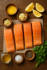 Overhead shot of air fryer salmon ingredients on wooden table — garlic, butter, lemon, honey, parsley.