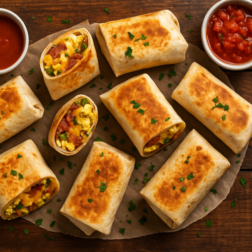 Overhead shot of freshly made breakfast burritos with melty cheese and herbs