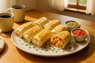 Family enjoying breakfast burritos at home