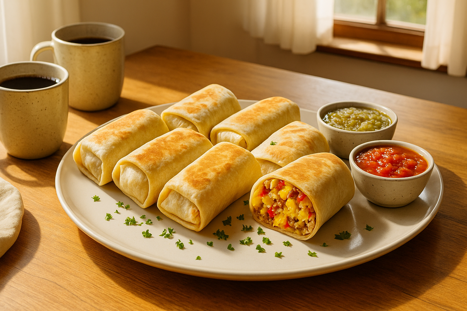 Family enjoying breakfast burritos at home