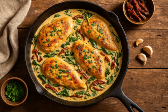 Overhead of creamy Tuscan chicken with spinach and sun-dried tomatoes