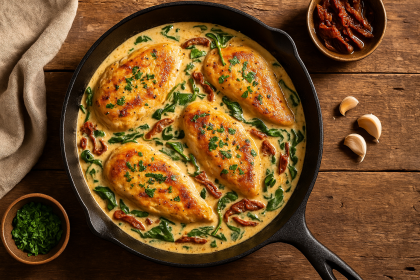 Overhead of creamy Tuscan chicken with spinach and sun-dried tomatoes