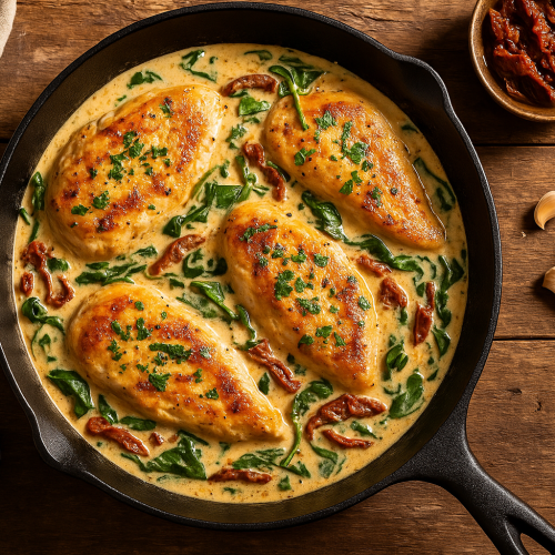 Overhead of creamy Tuscan chicken with spinach and sun-dried tomatoes